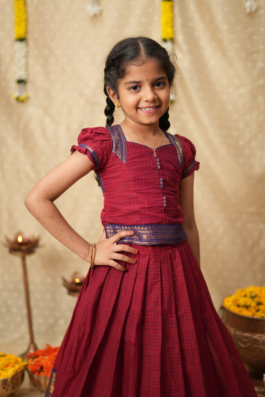 Esha Wine check Lehenga Mini (Set of 2)| Made To Order