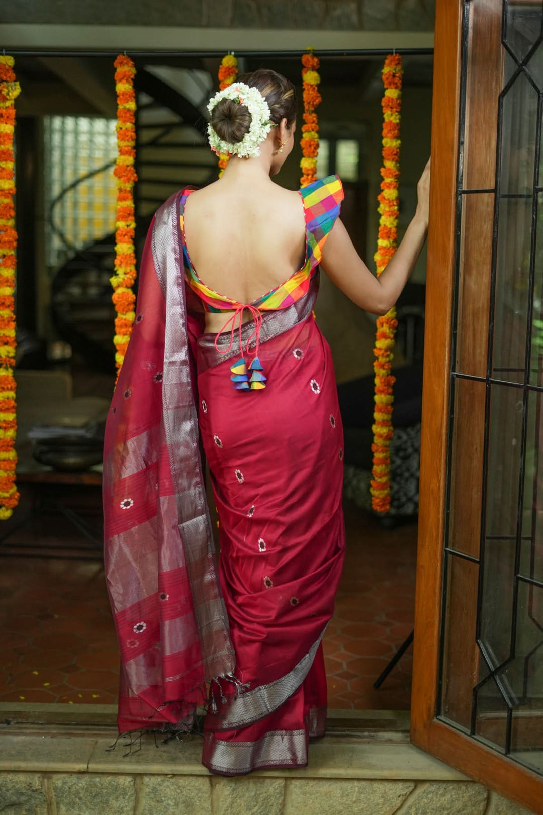 Exquisite Meenakari Handwoven Maheshwari Silk Cotton Saree in Red with meenakari buttas