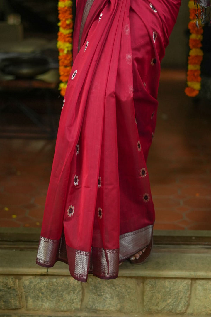 Exquisite Meenakari Handwoven Maheshwari Silk Cotton Saree in Red with meenakari buttas