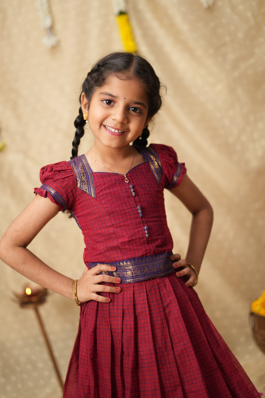 Esha Wine check Lehenga Mini (Set of 2)| Made To Order