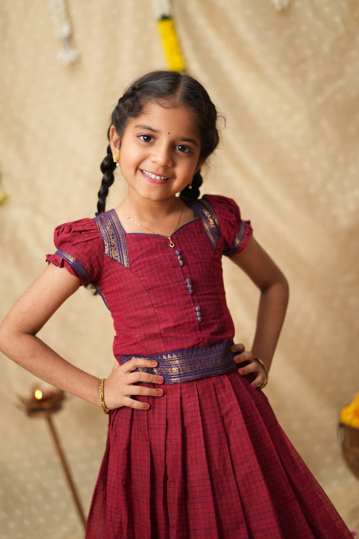 Esha Wine check Lehenga Mini (Set of 2)| Made To Order