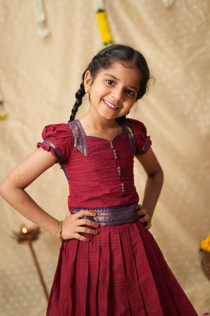 Esha Wine check Lehenga Mini (Set of 2)| Made To Order