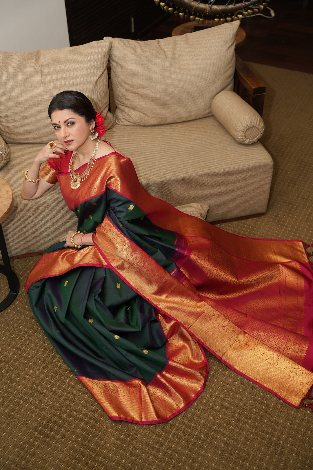 Pre order Bottle Green Dual Tone Pure Kanjivaram Silk Saree with Zari Buttas and Contrast Zari Border | SILK MARK CERTIFIED