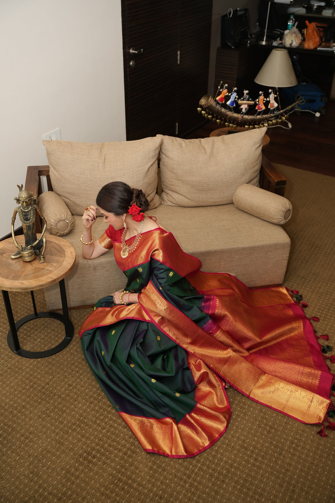 Pre order Bottle Green Dual Tone Pure Kanjivaram Silk Saree with Zari Buttas and Contrast Zari Border | SILK MARK CERTIFIED