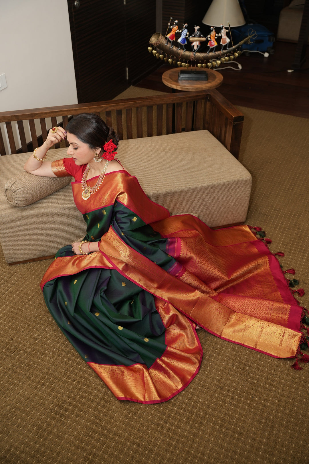 Pre order Bottle Green Dual Tone Pure Kanjivaram Silk Saree with Zari Buttas and Contrast Zari Border | SILK MARK CERTIFIED