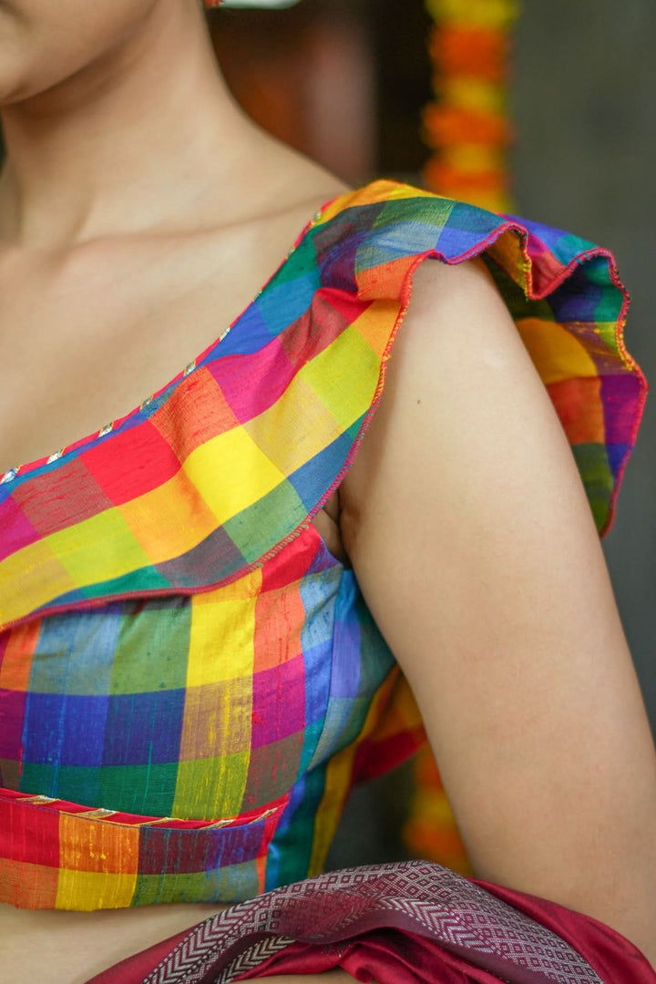 Multicolor checked Pure rawsilk deep V Neck blouse