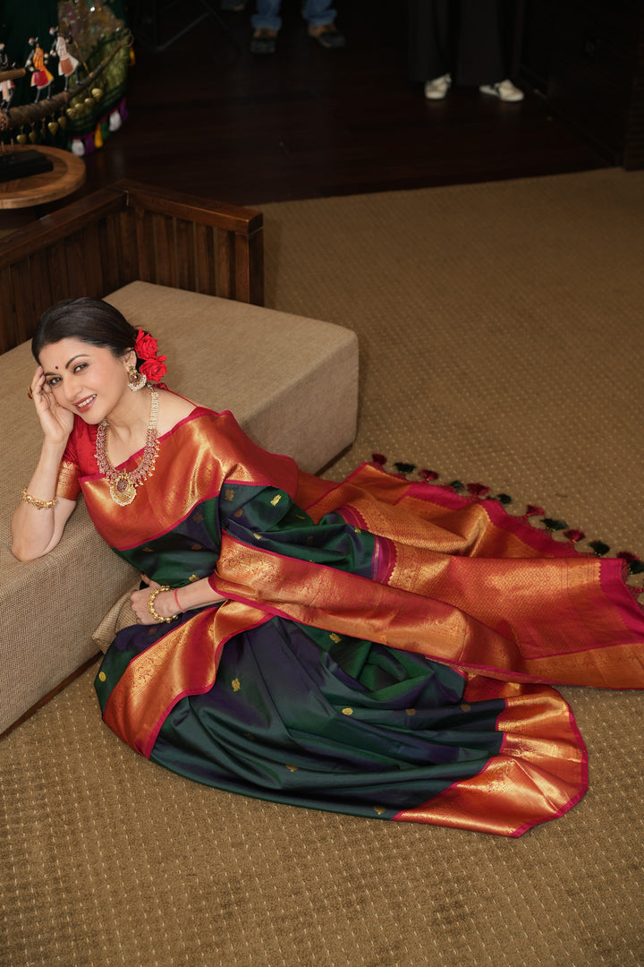 Pre order Bottle Green Dual Tone Pure Kanjivaram Silk Saree with Zari Buttas and Contrast Zari Border | SILK MARK CERTIFIED