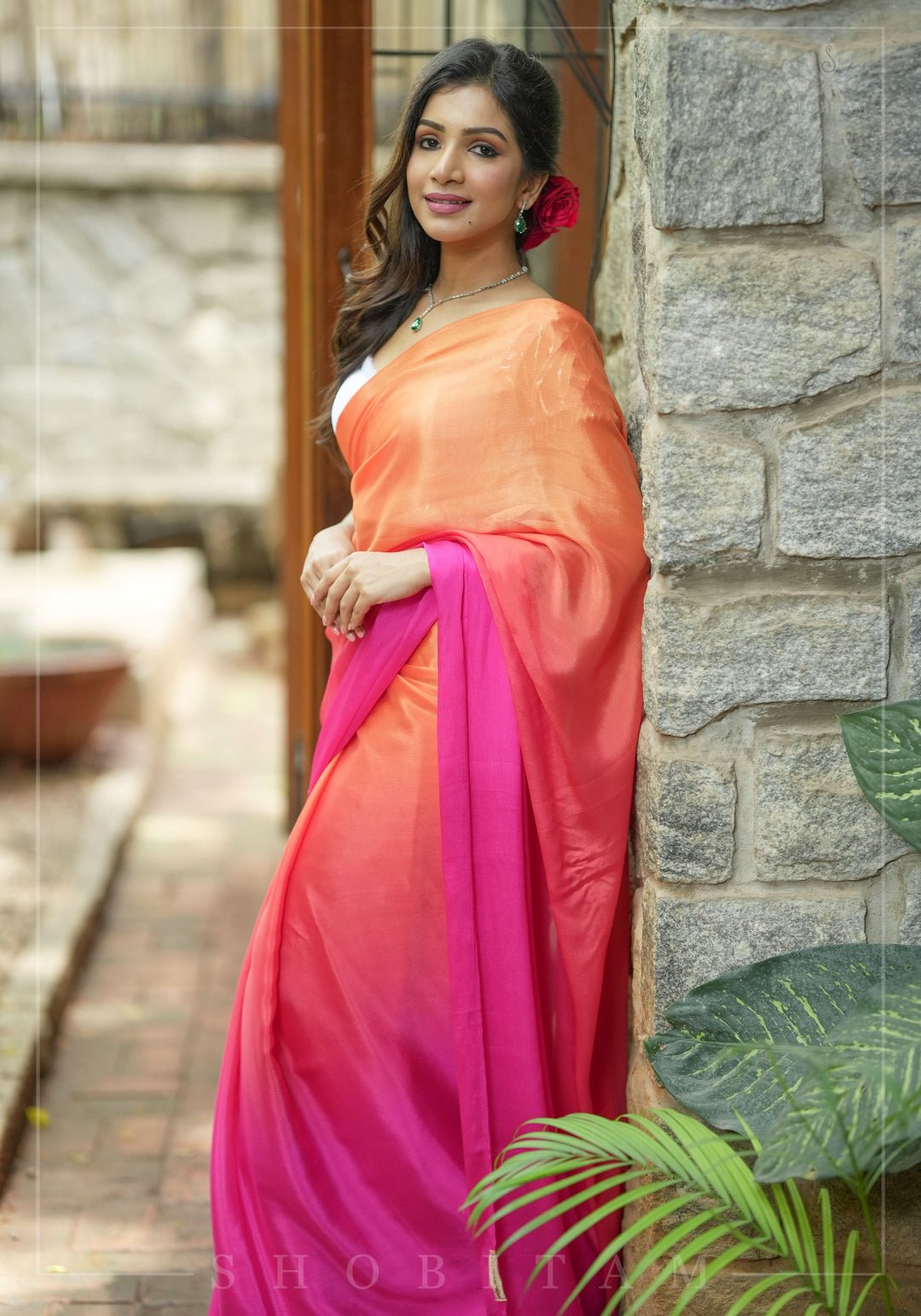Bollywood style ombre pure chiffon in Multicolor, No Blouse Piece