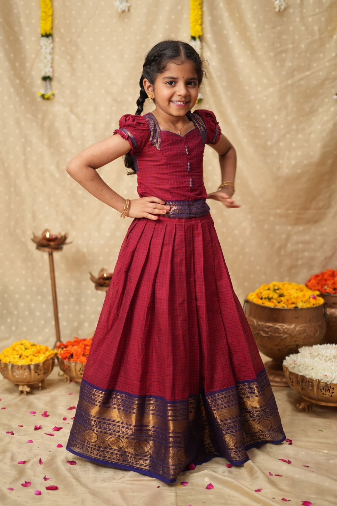 Esha Wine check Lehenga Mini (Set of 2)| Made To Order