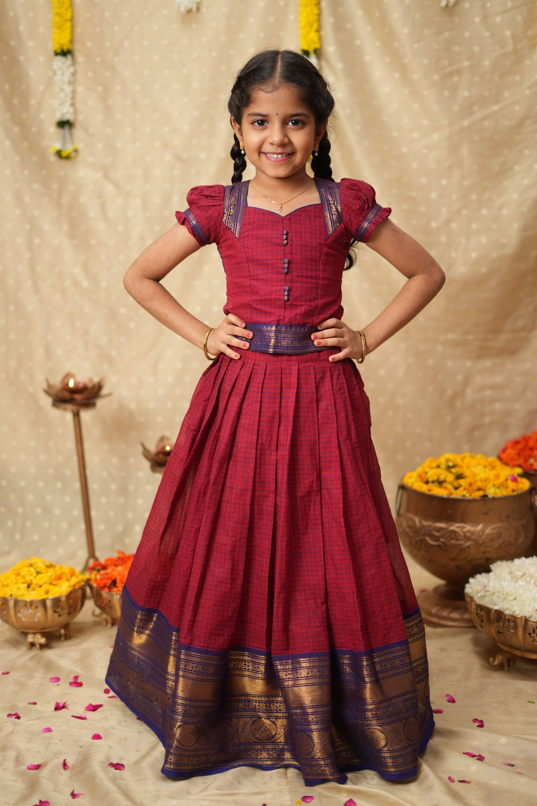 Esha Wine check Lehenga Mini (Set of 2)| Made To Order