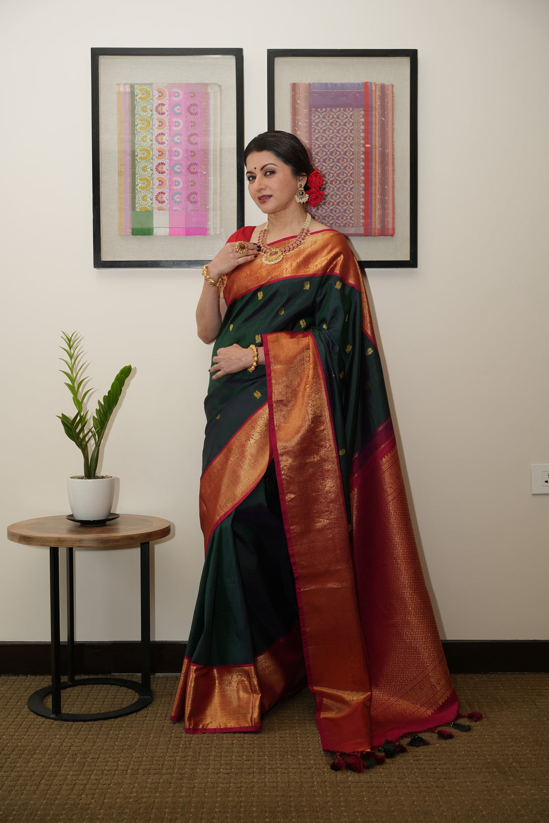 Pre order Bottle Green Dual Tone Pure Kanjivaram Silk Saree with Zari Buttas and Contrast Zari Border | SILK MARK CERTIFIED