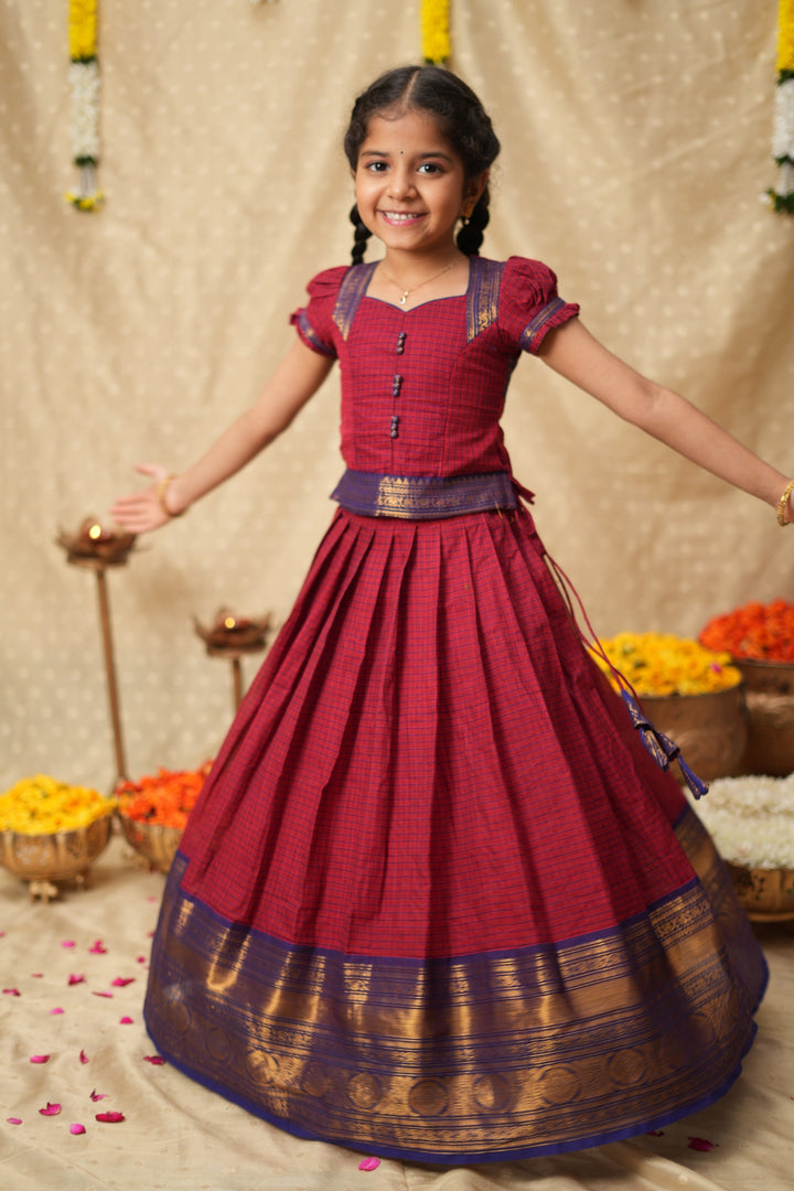 Esha Wine check Lehenga Mini (Set of 2)| Made To Order