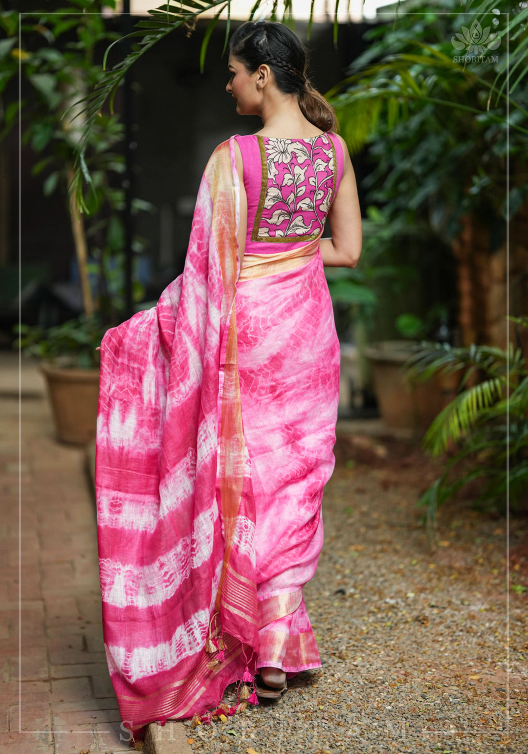 Handmade Shibori Dye Pure Linen by Linen Saree in Amaranth Pink and White with long tassels