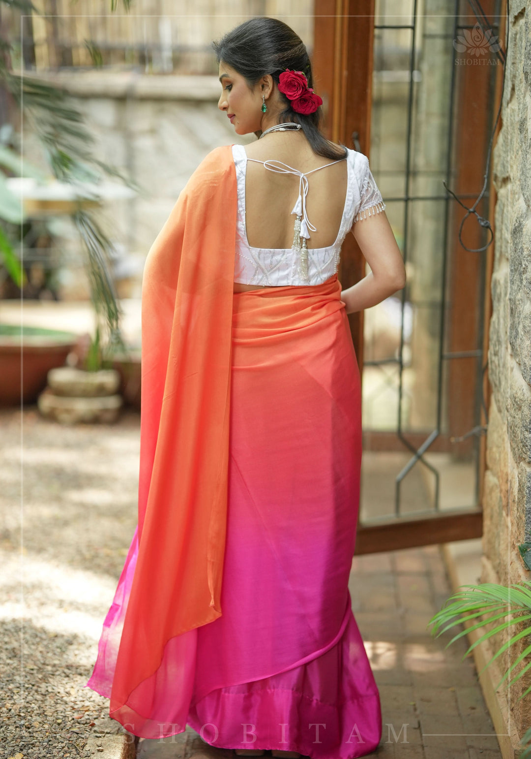 Bollywood style ombre pure chiffon in Multicolor, No Blouse Piece