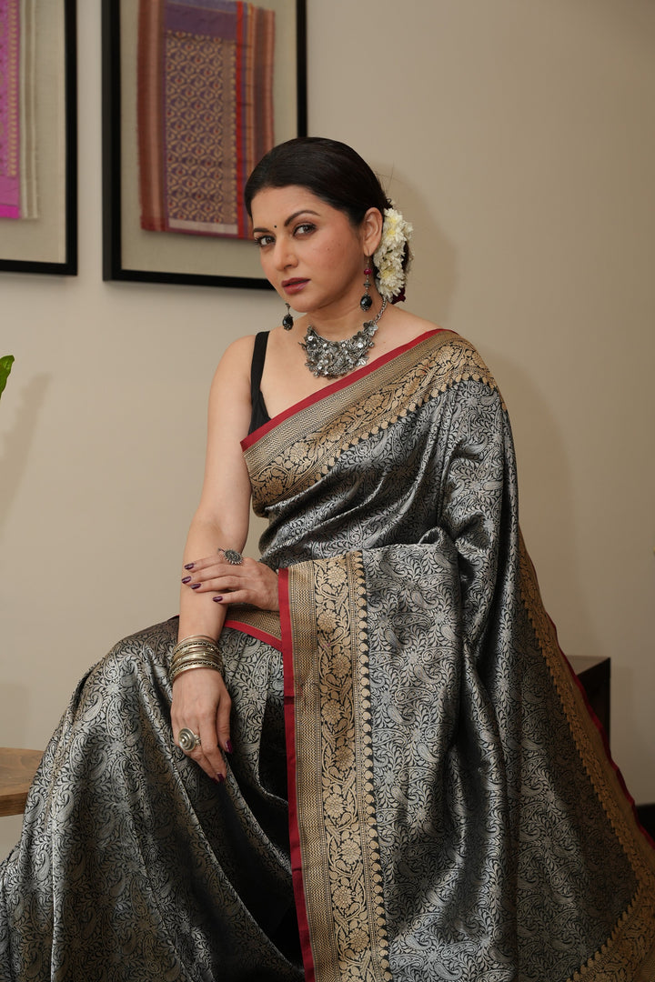 Unique Black Vasket weave on Banarasi Katan Silk Saree with Silver Paisley Zari Brocade and Zari Border | SILK MARK CERTIFIED | SHOBITAM