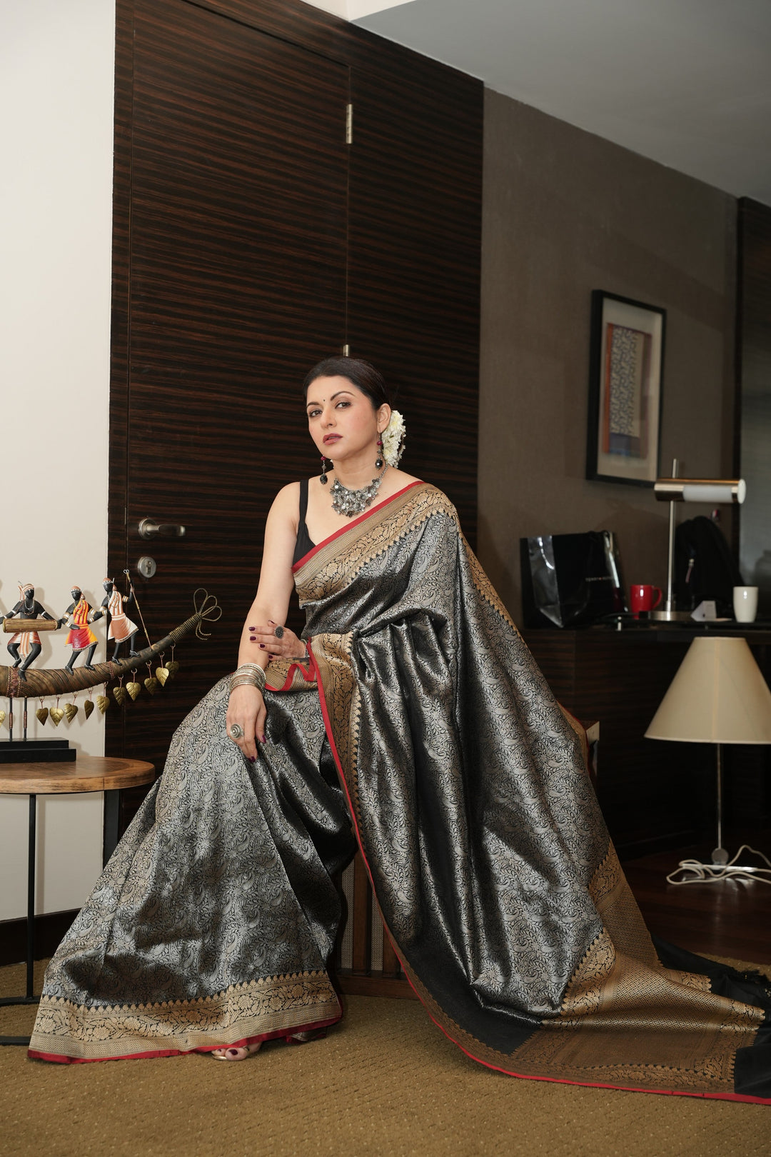 Unique Black Vasket weave on Banarasi Katan Silk Saree with Silver Paisley Zari Brocade and Zari Border | SILK MARK CERTIFIED | SHOBITAM