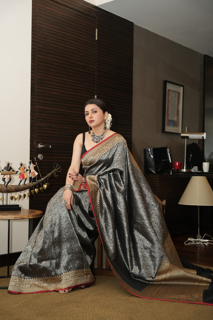 Unique Black Vasket weave on Banarasi Katan Silk Saree with Silver Paisley Zari Brocade and Zari Border | SILK MARK CERTIFIED | SHOBITAM