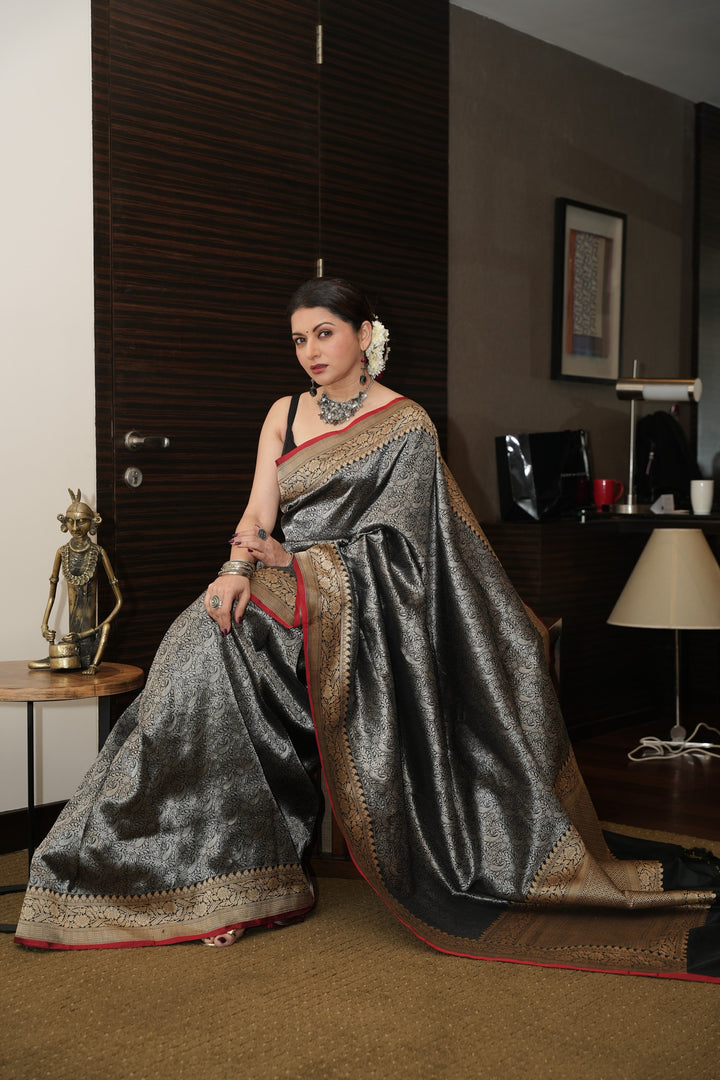 Unique Black Vasket weave on Banarasi Katan Silk Saree with Silver Paisley Zari Brocade and Zari Border | SILK MARK CERTIFIED | SHOBITAM