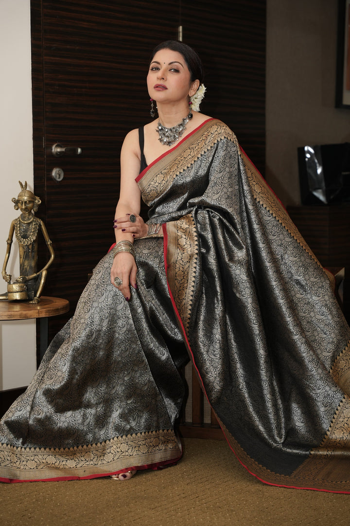 Unique Black Vasket weave on Banarasi Katan Silk Saree with Silver Paisley Zari Brocade and Zari Border | SILK MARK CERTIFIED | SHOBITAM