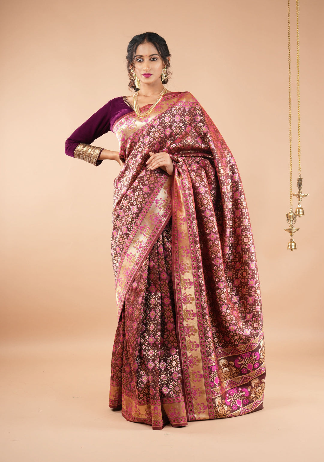 Exquisite Brown Semi Silk Saree with Patola Ikkat Meenakari Zari Border and Pallu