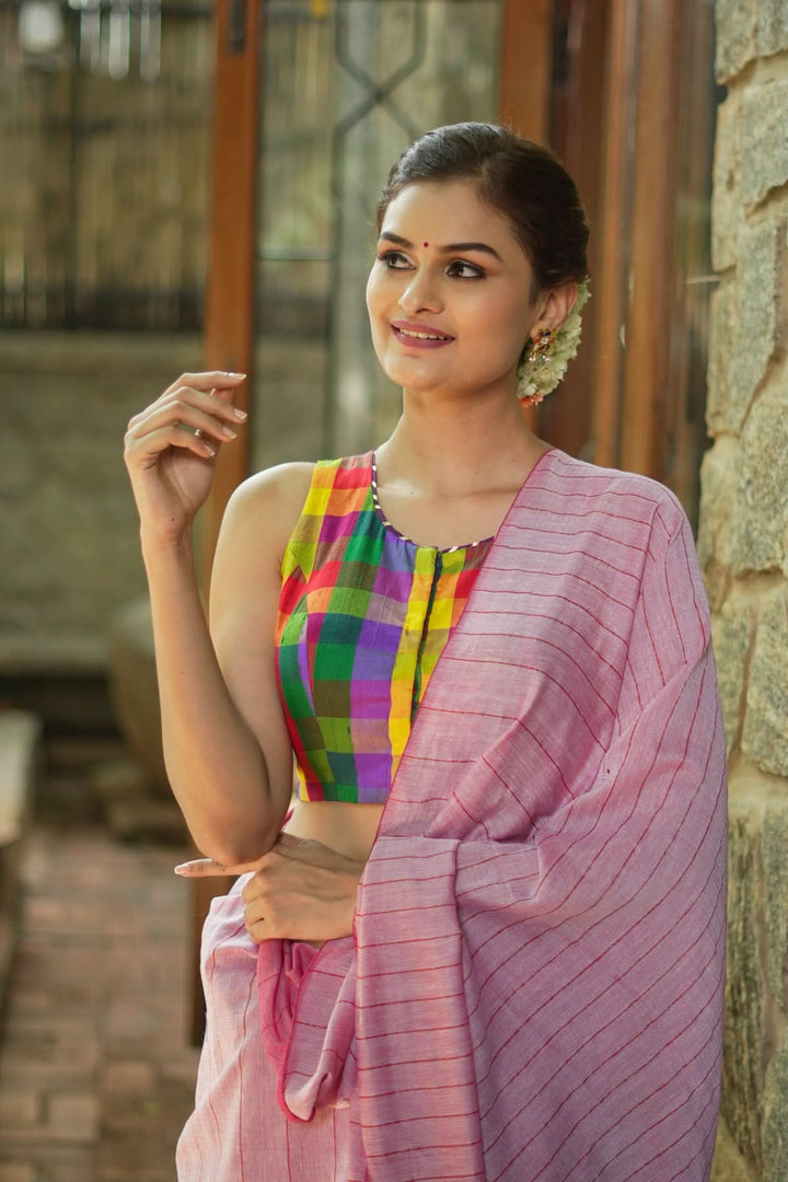 Multicolor checked pure rawsilk sheer back sleeveless blouse