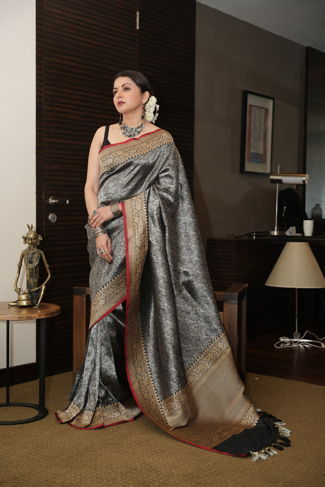 Unique Black Vasket weave on Banarasi Katan Silk Saree with Silver Paisley Zari Brocade and Zari Border | SILK MARK CERTIFIED | SHOBITAM