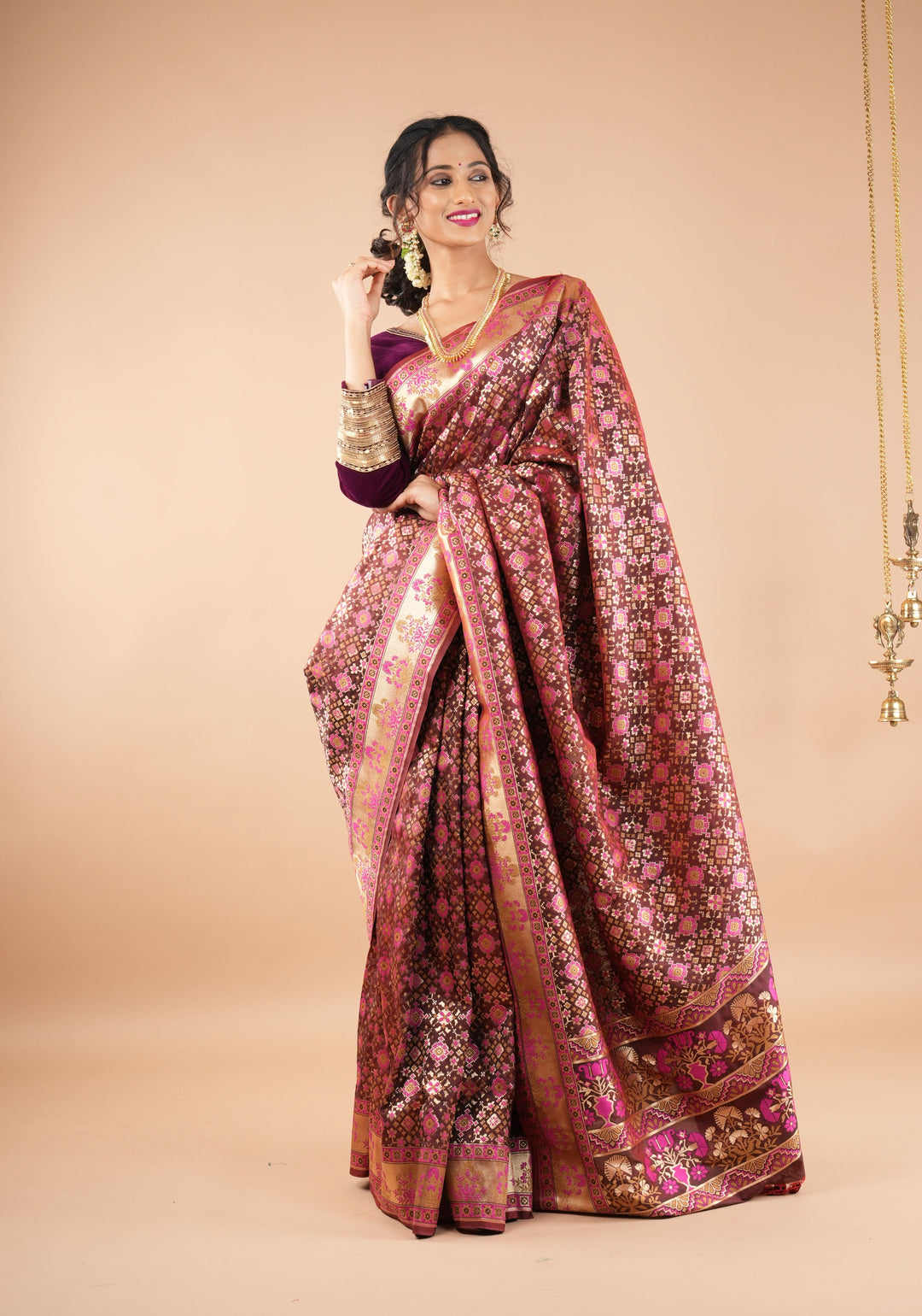 Exquisite Brown Semi Silk Saree with Patola Ikkat Meenakari Zari Border and Pallu