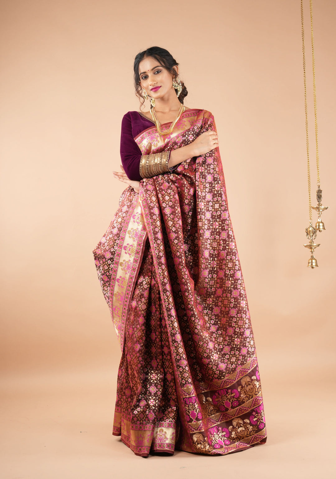 Exquisite Brown Semi Silk Saree with Patola Ikkat Meenakari Zari Border and Pallu