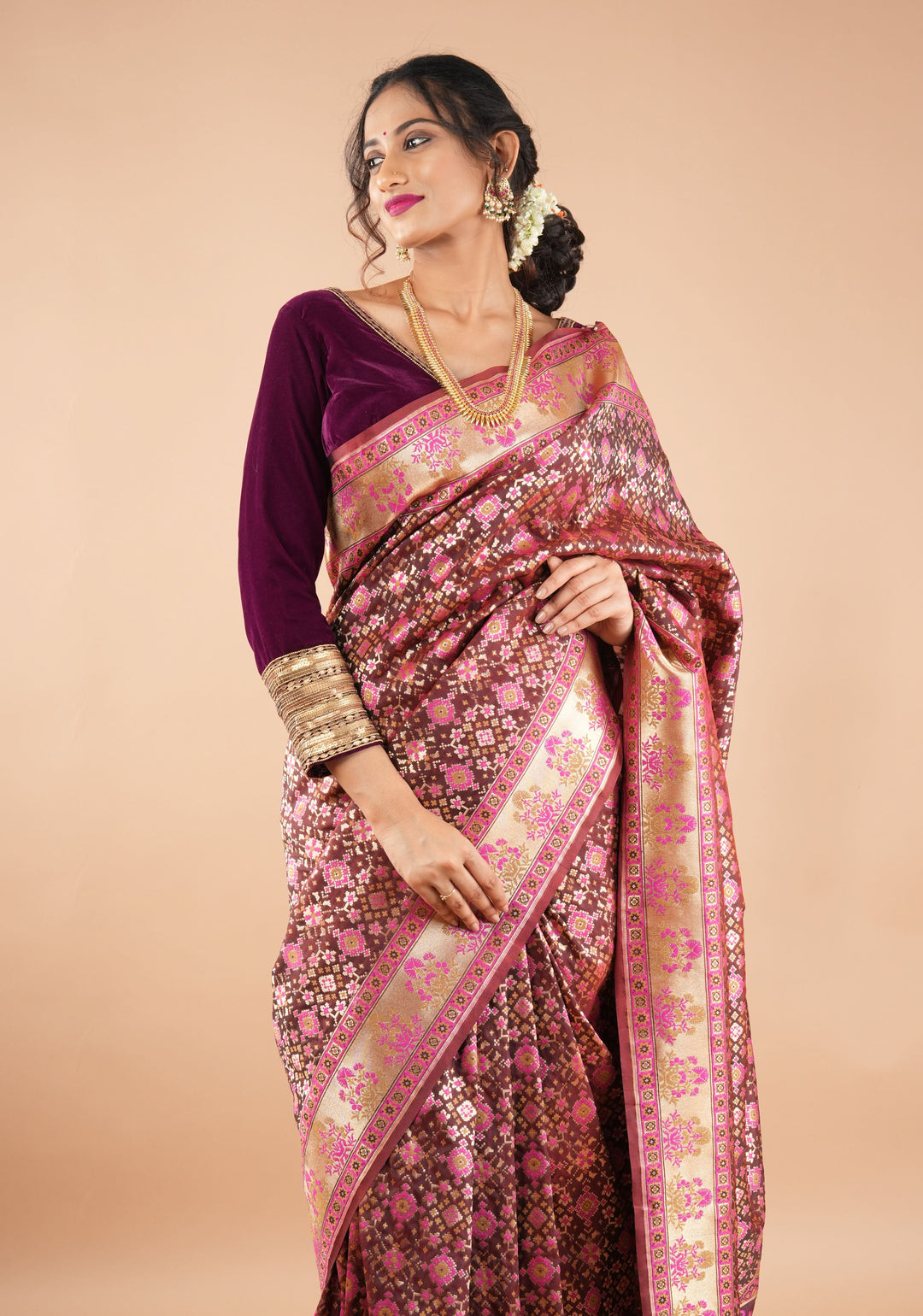 Exquisite Brown Semi Silk Saree with Patola Ikkat Meenakari Zari Border and Pallu