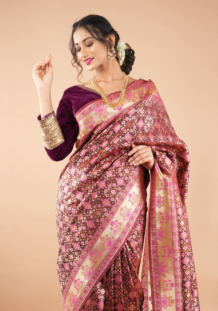 Exquisite Brown Semi Silk Saree with Patola Ikkat Meenakari Zari Border and Pallu