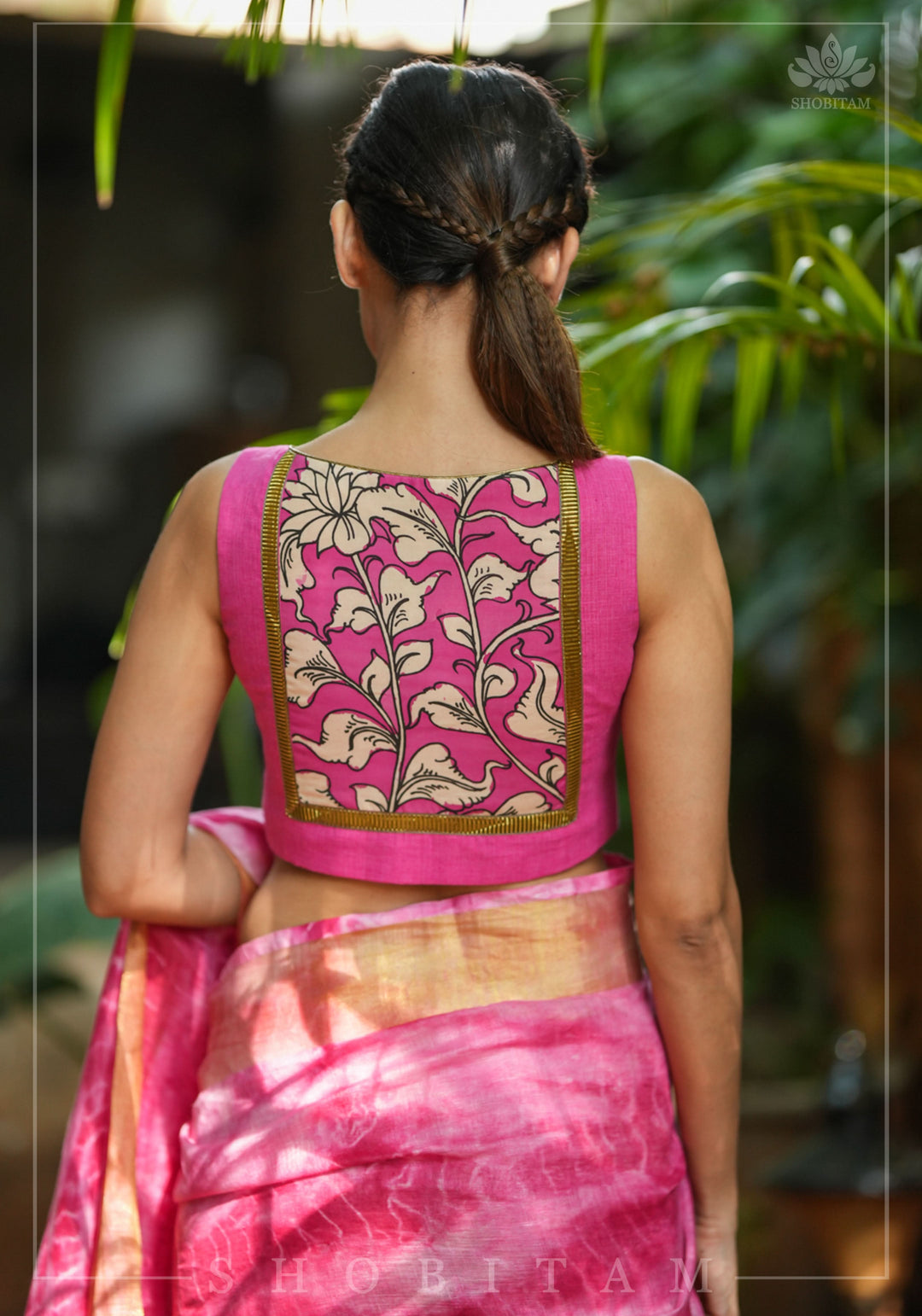 Pink handloom sleeveless Blouse with potli button detailing in front and Kalamkari applique in back | SHOBITAM