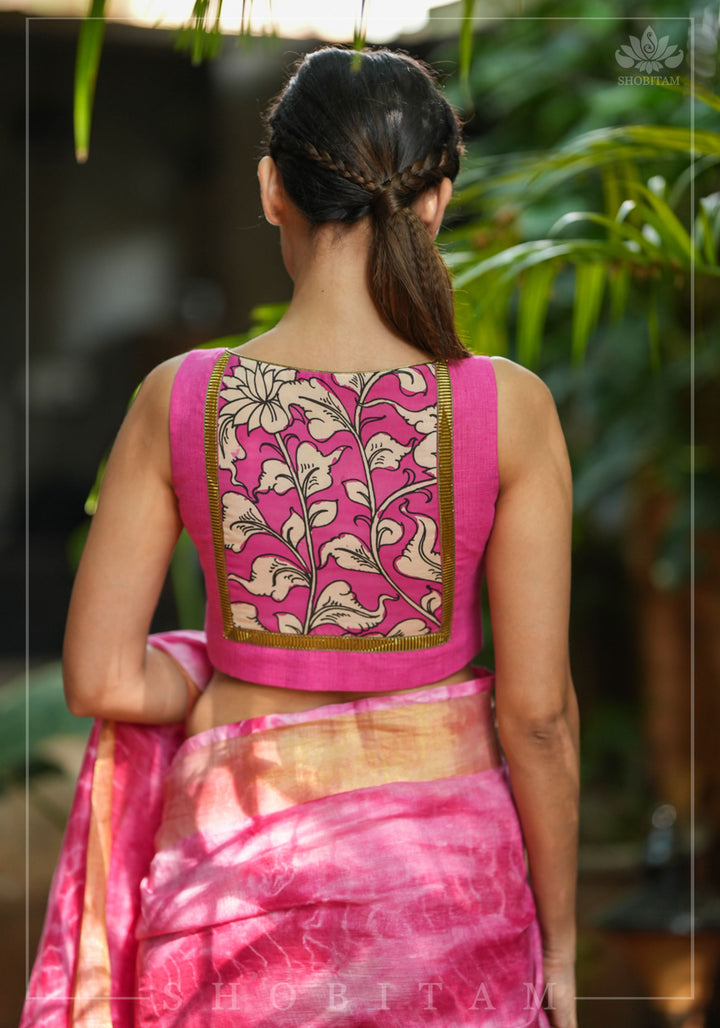 Pink handloom sleeveless Blouse with potli button detailing in front and Kalamkari applique in back | SHOBITAM