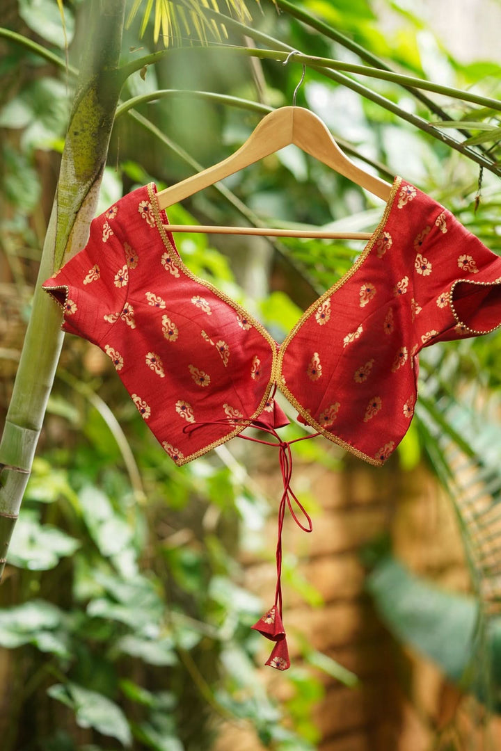 Deep V Neck Tie Back Blouse in Red with Gold Motifs!