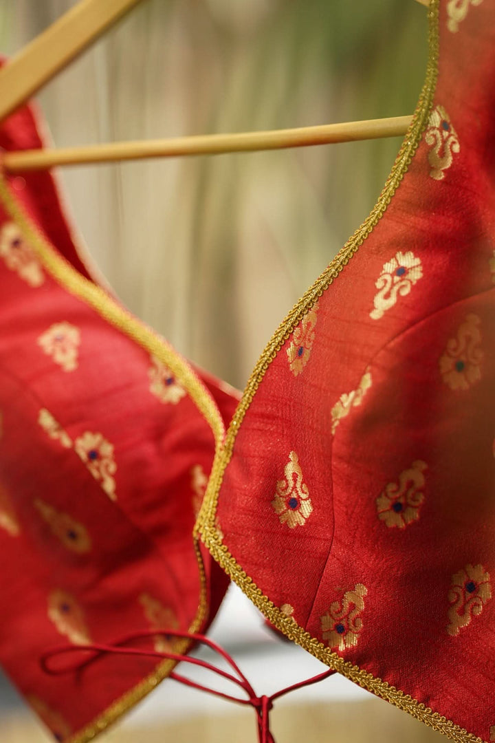 Deep V Neck Tie Back Blouse in Red with Gold Motifs!