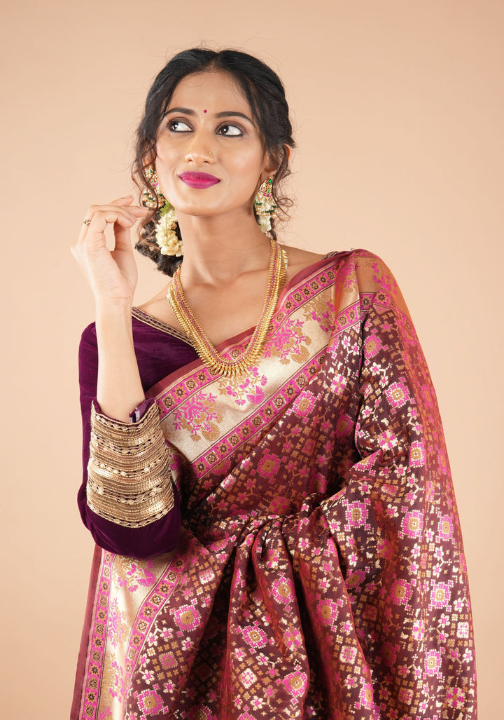 Exquisite Brown Semi Silk Saree with Patola Ikkat Meenakari Zari Border and Pallu