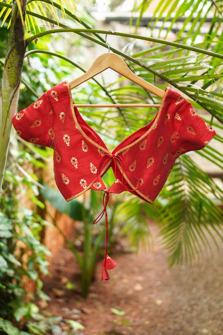 Deep V Neck Tie Back Blouse in Red with Gold Motifs!