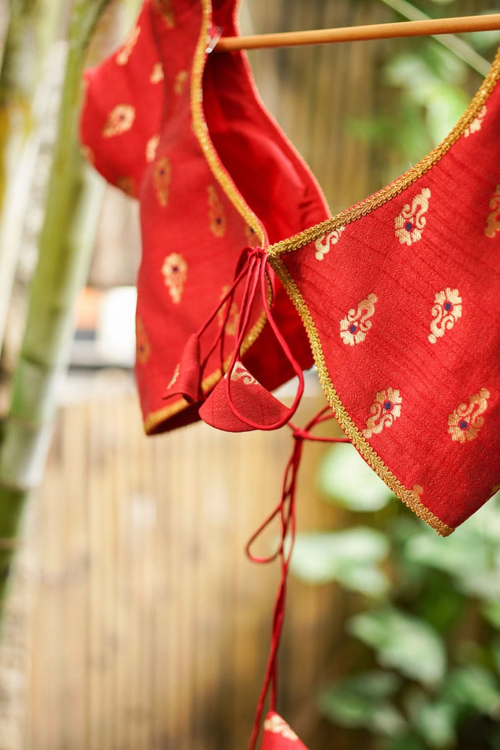 Deep V Neck Tie Back Blouse in Red with Gold Motifs!