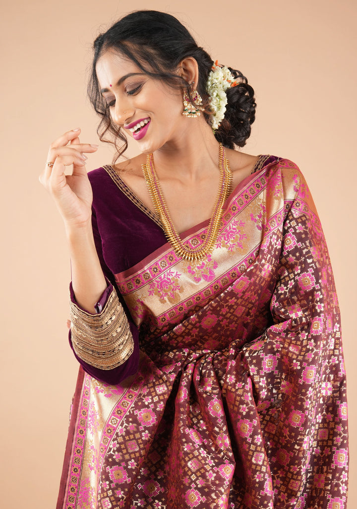Exquisite Brown Semi Silk Saree with Patola Ikkat Meenakari Zari Border and Pallu
