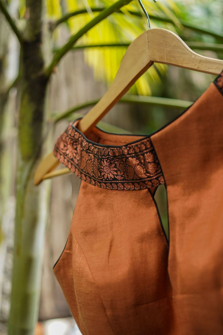 Copper shimmer boatneck blouse with border detailing, Made to Order