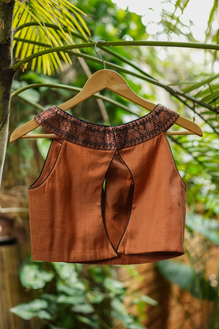 Copper shimmer boatneck blouse with border detailing, Made to Order