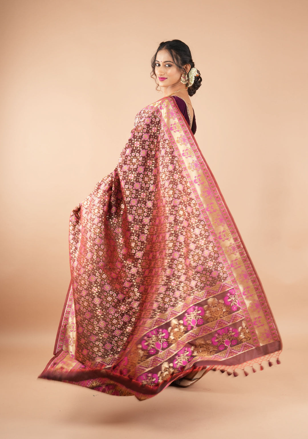 Exquisite Brown Semi Silk Saree with Patola Ikkat Meenakari Zari Border and Pallu