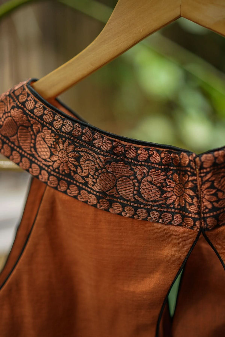 Copper shimmer boatneck blouse with border detailing, Made to Order