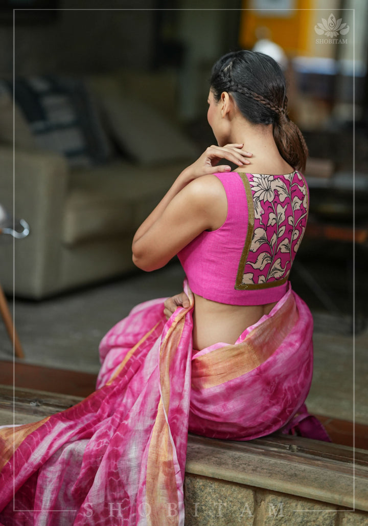 Pink handloom sleeveless Blouse with potli button detailing in front and Kalamkari applique in back | SHOBITAM