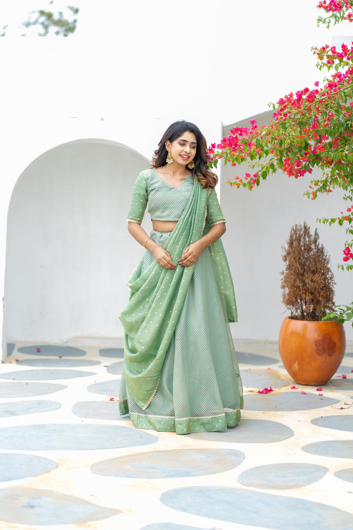 Anupama Mint Green Crop Top & Skirt With Dupatta | Made To Order