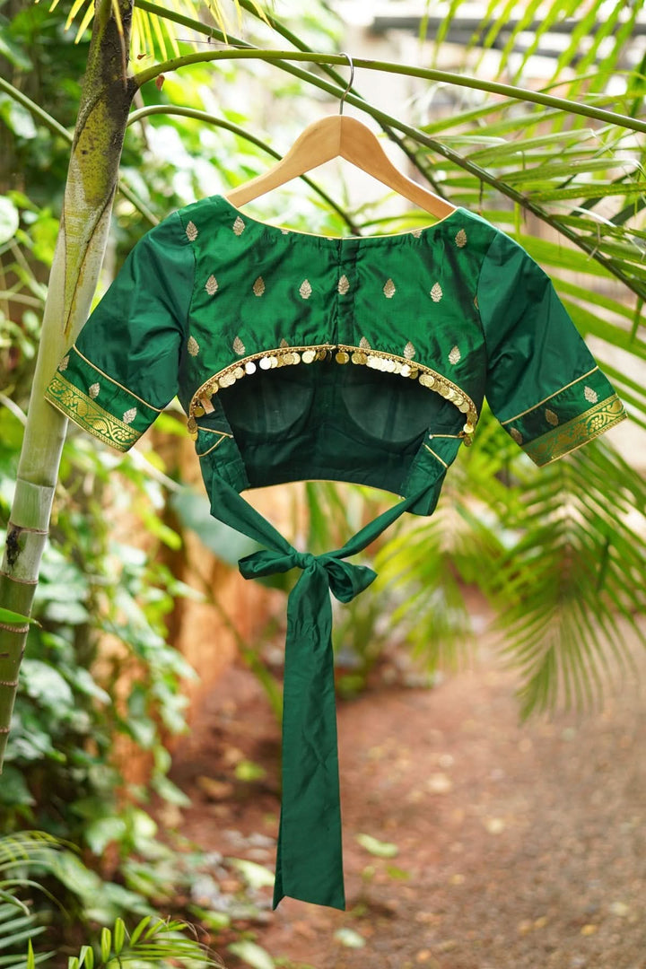 Forest green pure silk two fabric sweetheart neck blouse and coin trim in back , Made to order