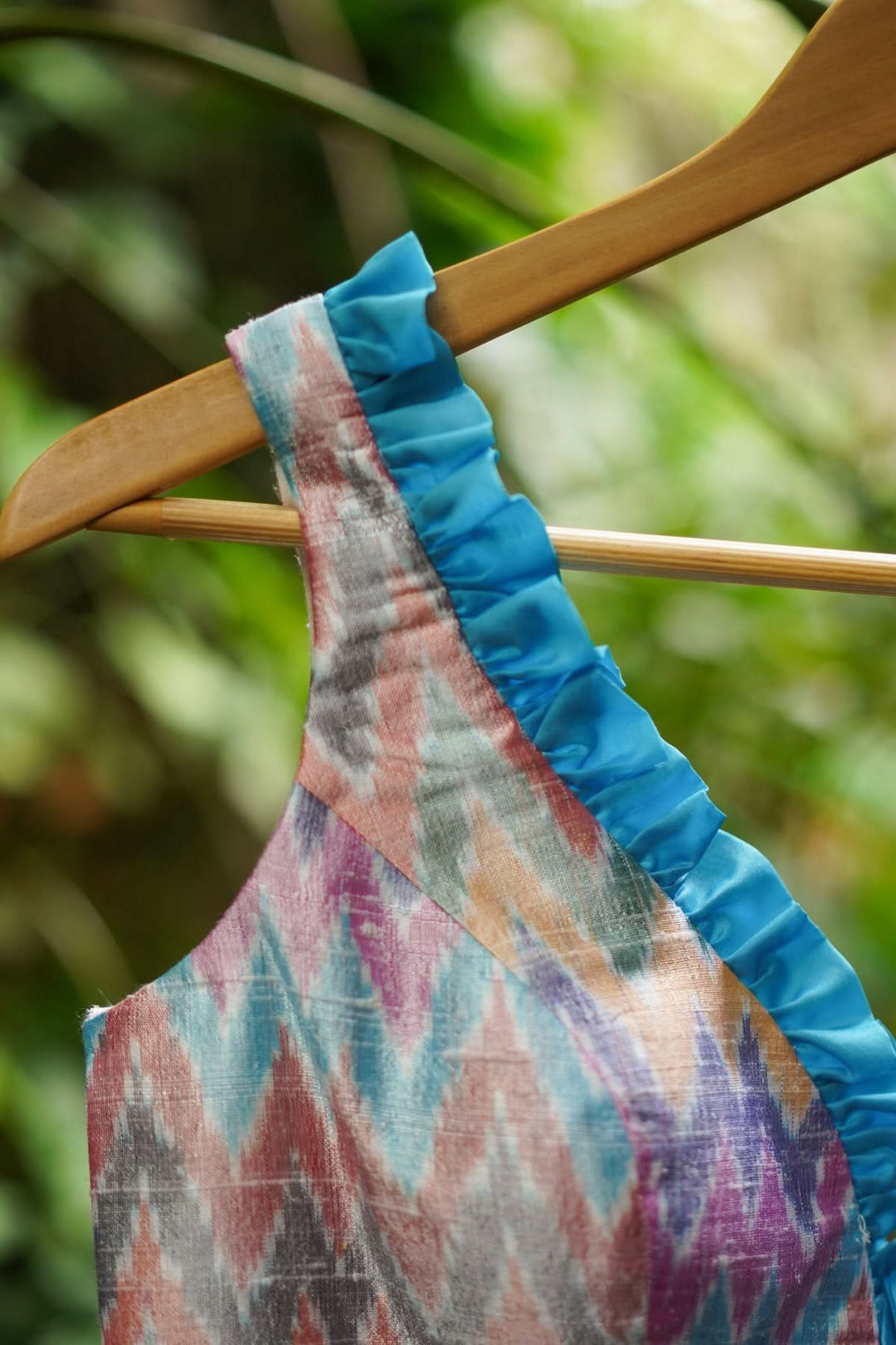 Pure Ikkat Raw Silk Blouse with Blue Frill Trim, Made to Order
