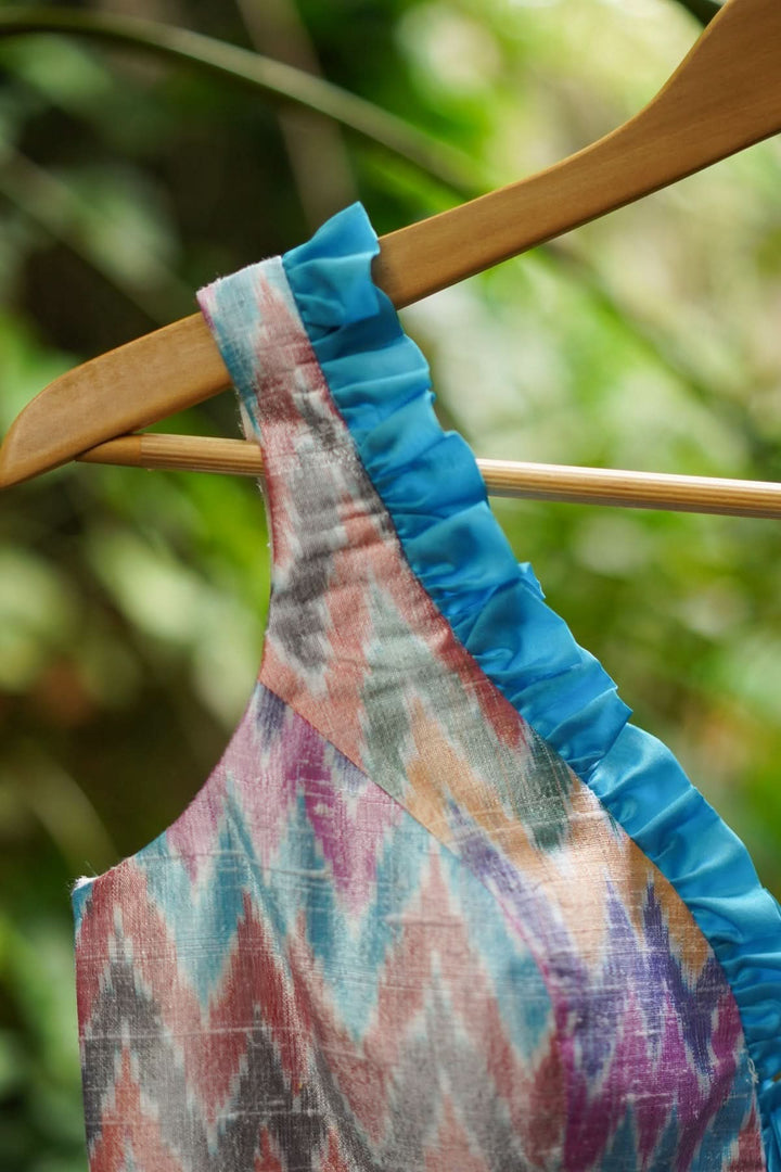 Pure Ikkat Raw Silk Blouse with Blue Frill Trim, Made to Order