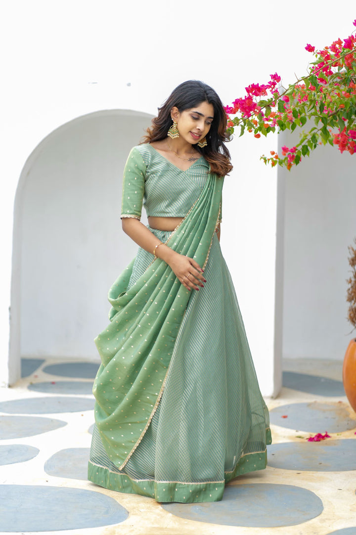 Anupama Mint Green Crop Top & Skirt With Dupatta | Made To Order
