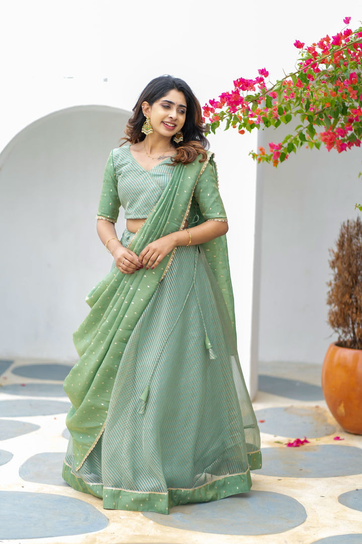 Anupama Mint Green Crop Top & Skirt With Dupatta | Made To Order