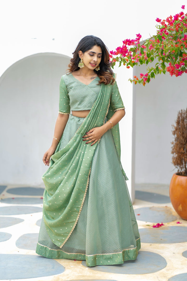 Anupama Mint Green Crop Top & Skirt With Dupatta | Made To Order